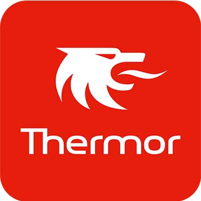 logo thermor carré rouge avec tete de dragon en blanc / partenaire de GRT RENOVE (NÎMES)