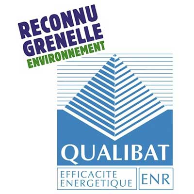 logo grenelle pyramide bleu lettres qualibat en dessous / partenaire de GRT RENOVE (NÎMES)