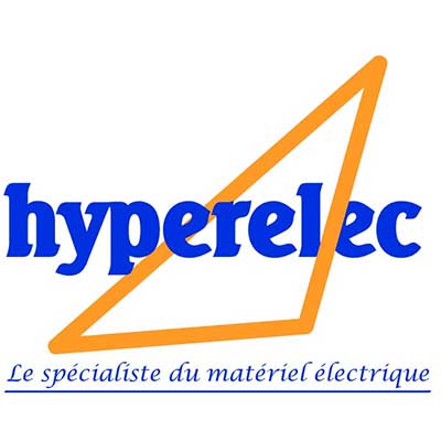 logo hyperelec gan lettre hyperelec au centre de couleur bleu au centre,triangle orange sur fond blanc / partenaire de GRT RENOVE (NÎMES)