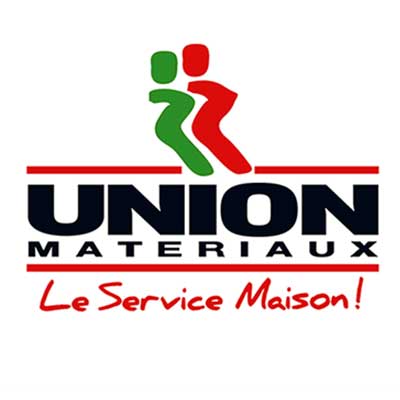 logo union-materiaux lettres union-materiaux au centre avec deux petits bonhomes au dessus un vert et un rouge / partenaire de GRT RENOVE (NÎMES)